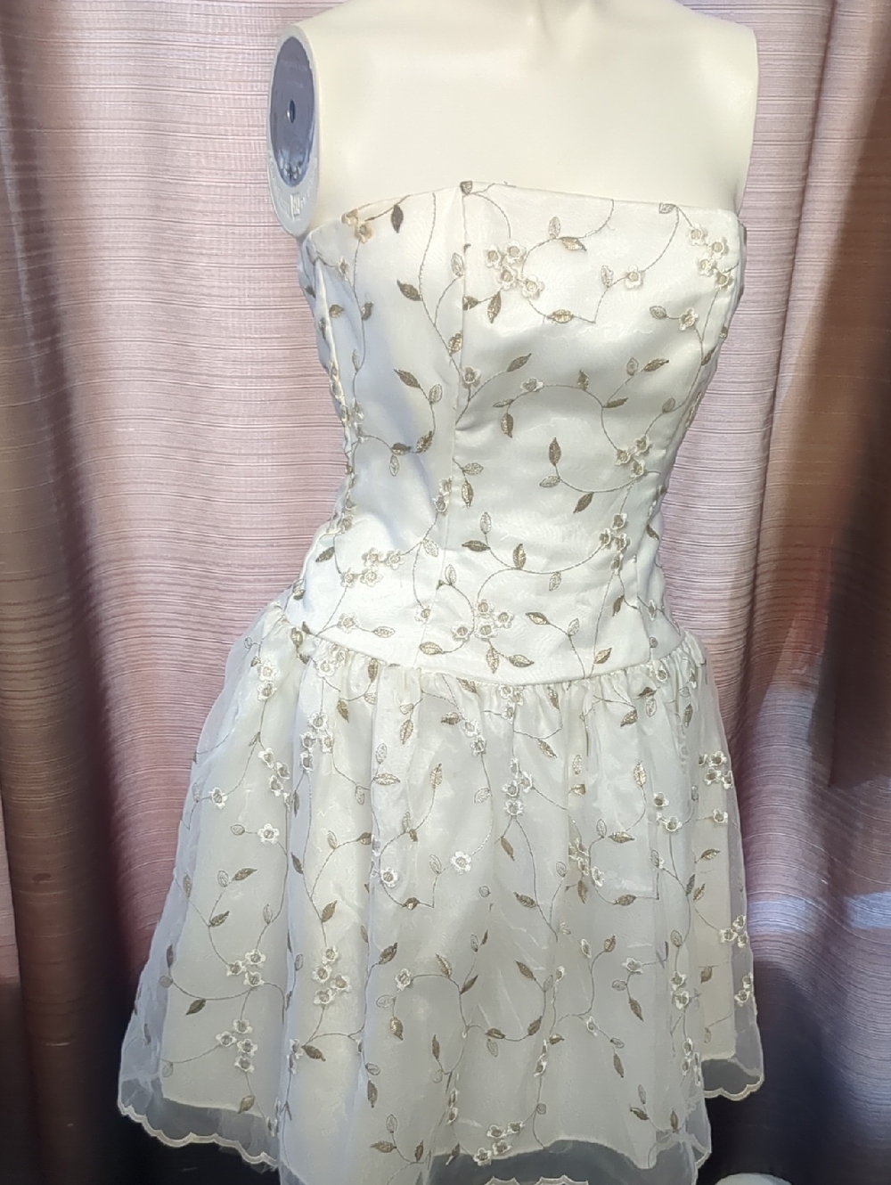 Strapless White Dress with Gold Floral Embroidery